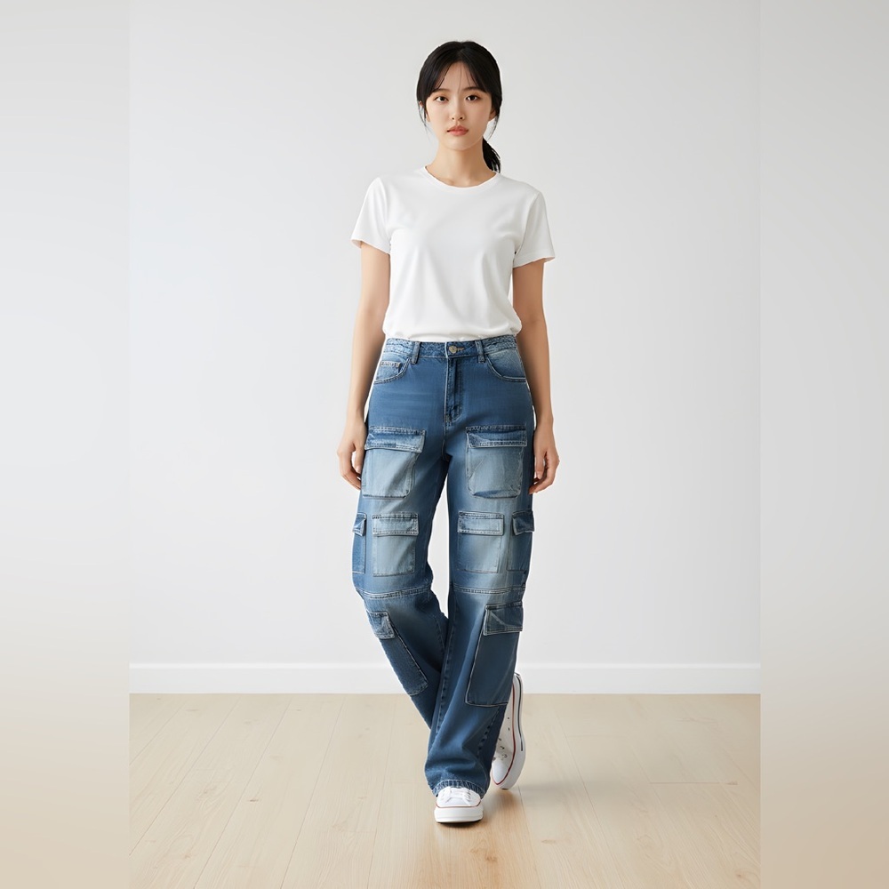 EUC American Bazi SZ M blue 12 pocket cargo Jean/wide legs/waist 31”
